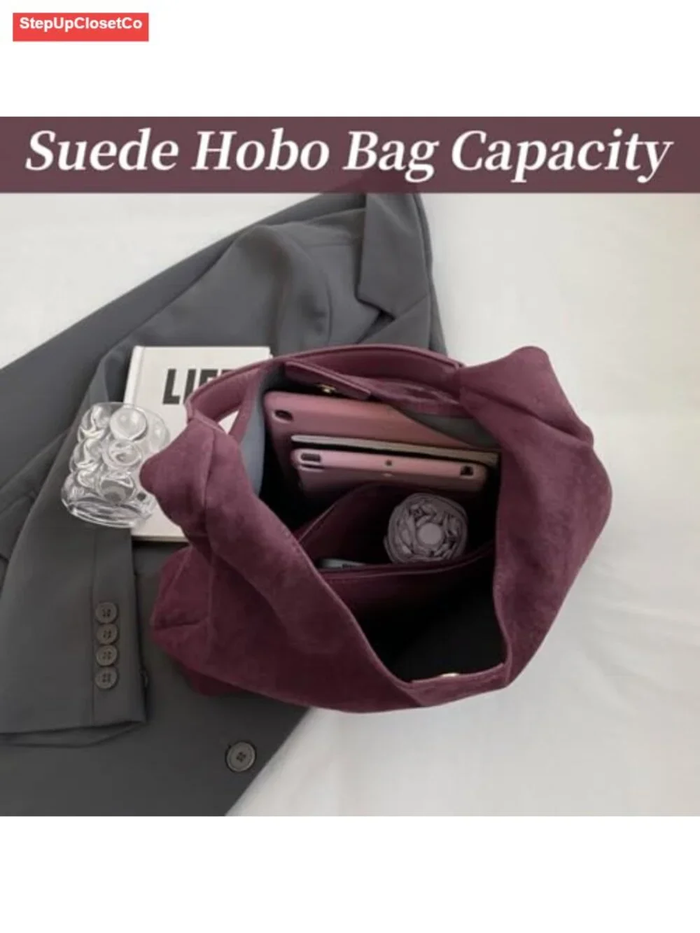 Faux Suede Slouchy Hobo Tote Bag for Women Retro Shoulder Handbag